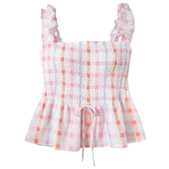 Blu Pepper Juniors Size M Multicolor Plaid Smocked Ruffle Strap Peplum Tank Top - Picture 3 of 9